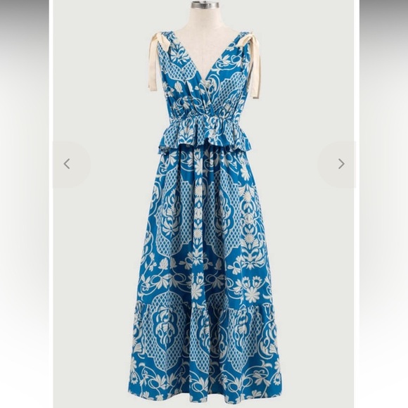 Moon River Dresses & Skirts - Moon River Blue & White Border Print Ruffle Tie Strap Midi Dress | Size S​